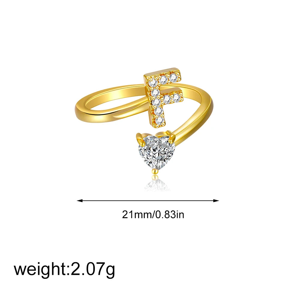 Polished Gold Plated Copper A-Z Letter Initial Ring with Zircon Heart Wedding Jewelry