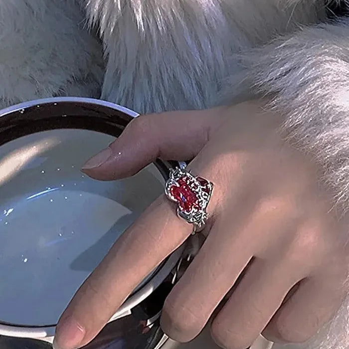 Y2K Red Crystal Heart Adjustable Punk Vintage Ring for Women Jewelry