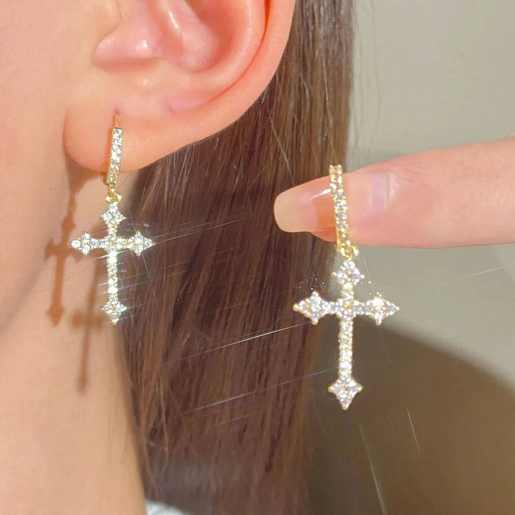 Punk Rhinestone Cross Drop Earrings Kpop Grunge Egirl Fashion Jewelry