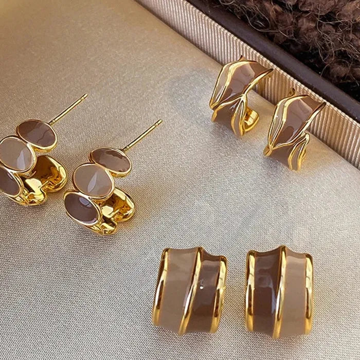 Vintage Brown Resin C-Shape Enamel Stud Earrings for Women Metal Jewelry