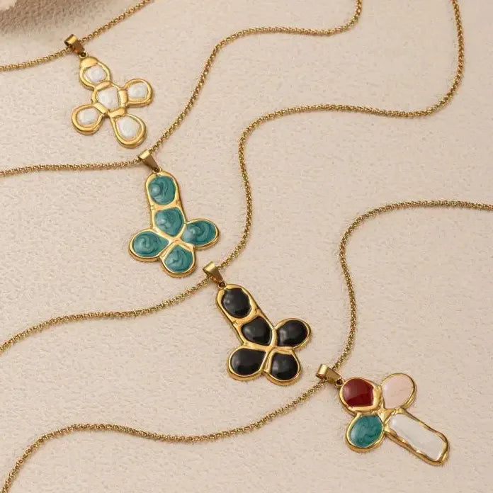 Stainless Steel Cross Pendant Necklace Men Women Colorful Stone Punk Hiphop Jewelry