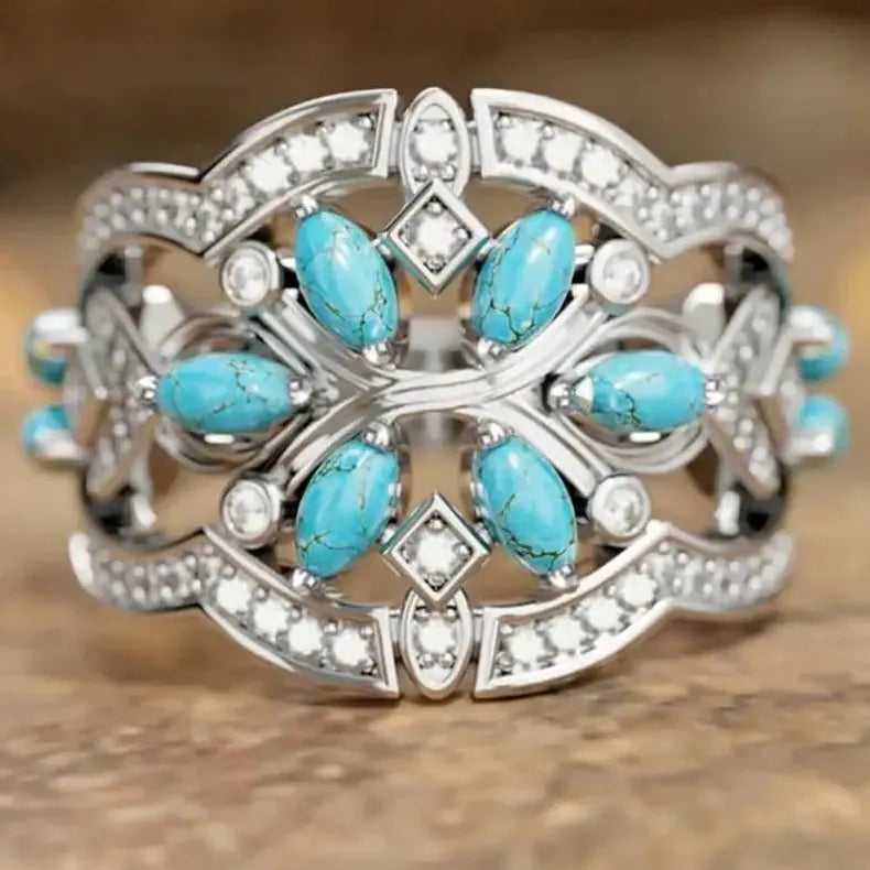 Silver Vintage Copper Ring Floral Pattern Inlaid Imitation Turquoise Women Gift