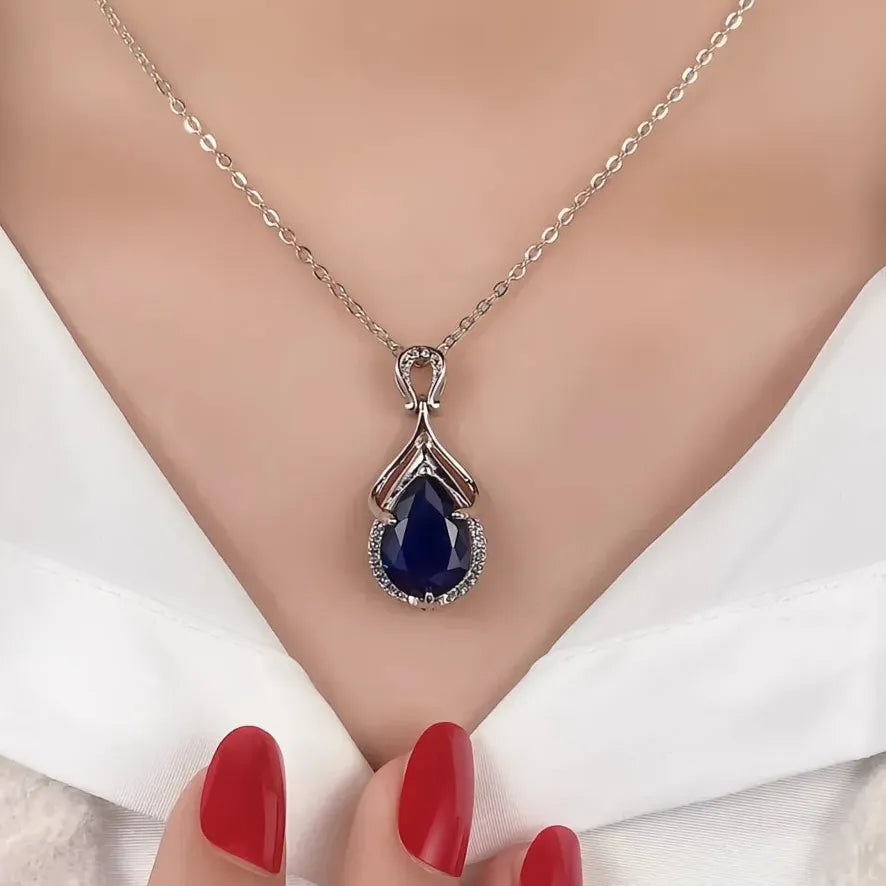 Blue Pear Cubic Zirconia Pendant Necklace for Women Wedding Jewelry Luxury