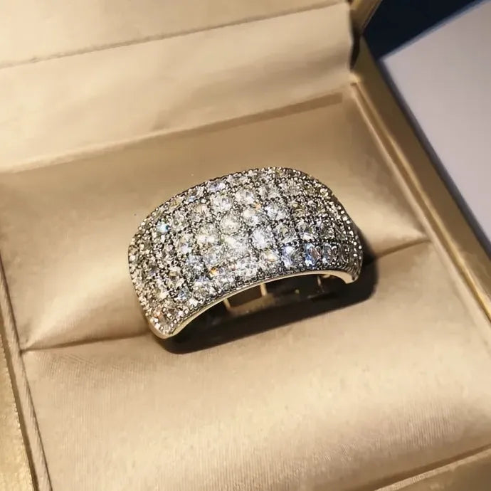 Luxury CZ Paved Women's Wide Geometric Brass Ring Wedding Party Jewelry