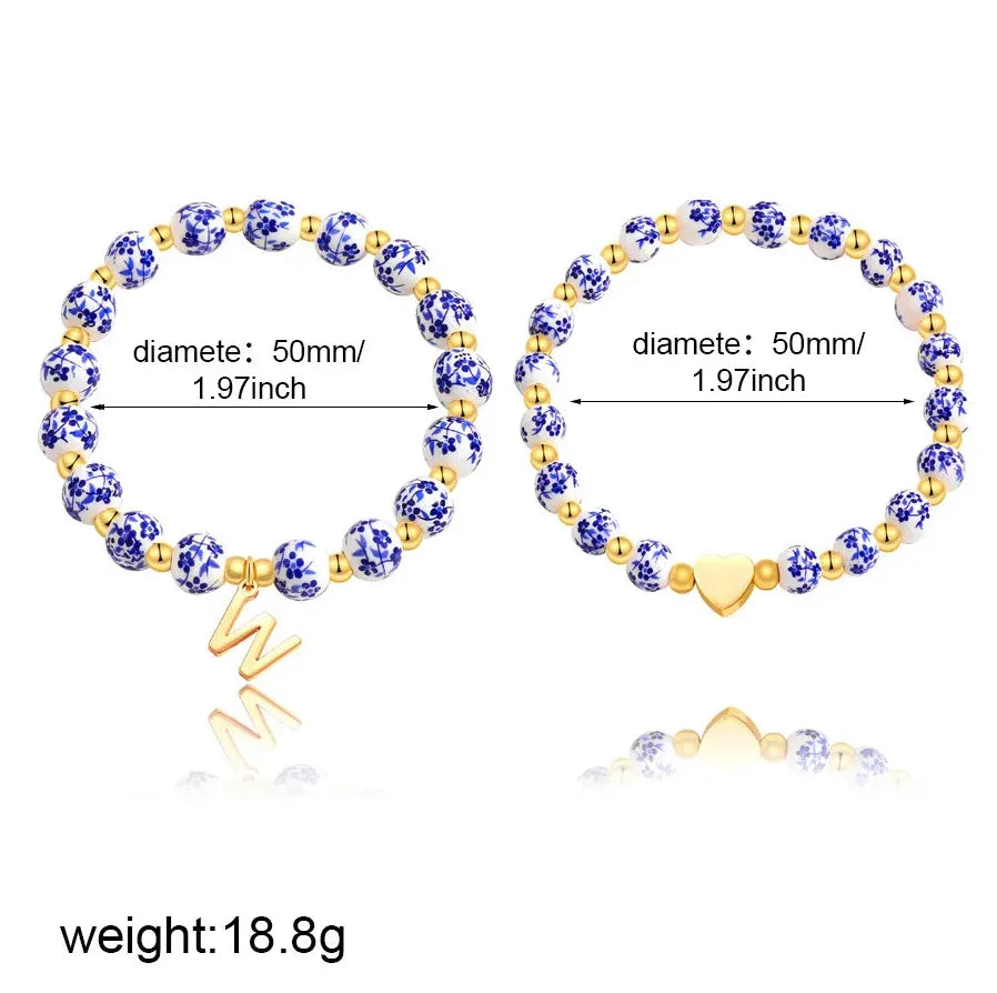 2 Pcs Handmade Blue White Porcelain Letter B Elastic Beaded Bracelet Jewelry Gift