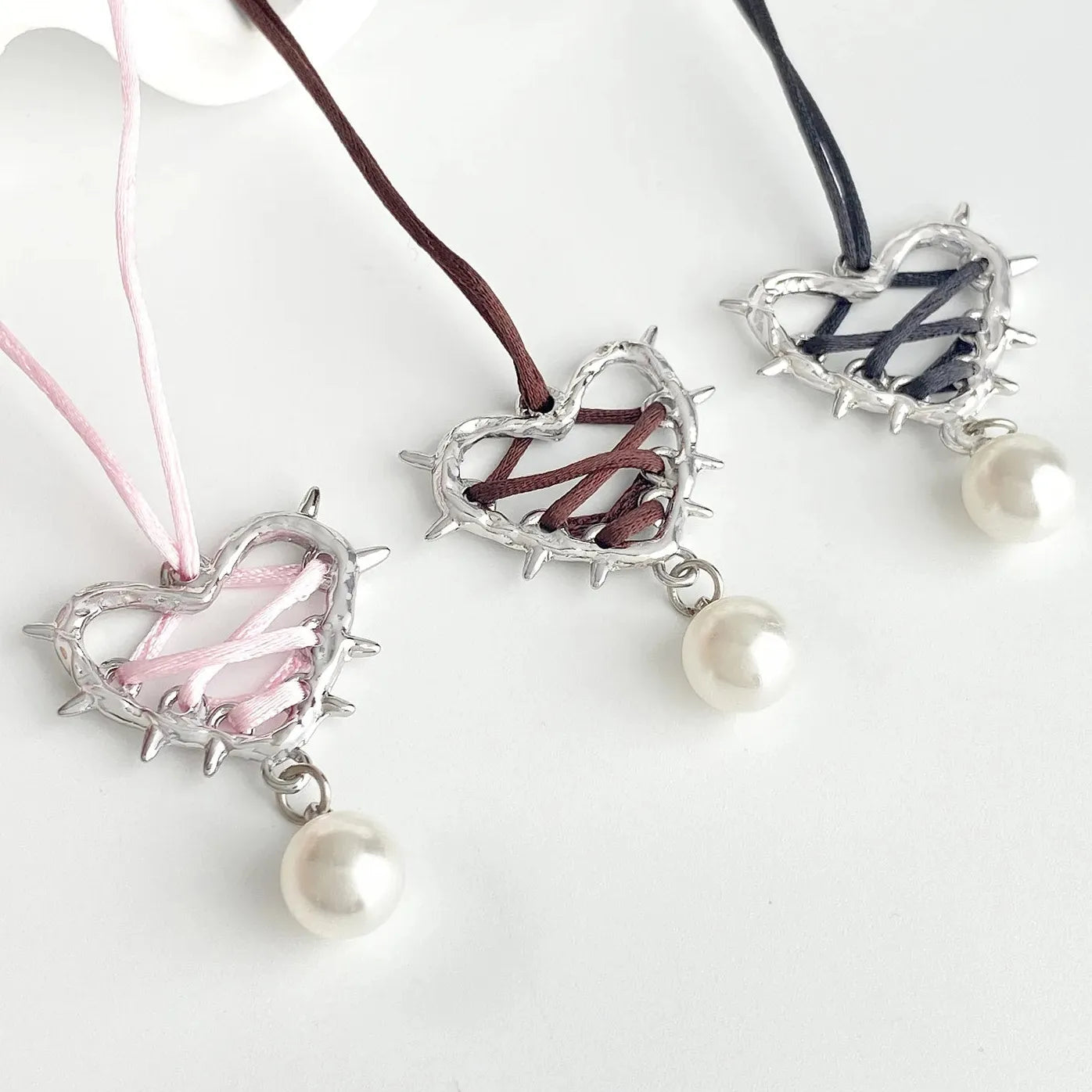 Pink Black Bow Tie Heart Pearl Pendant Necklace for Women Jewelry
