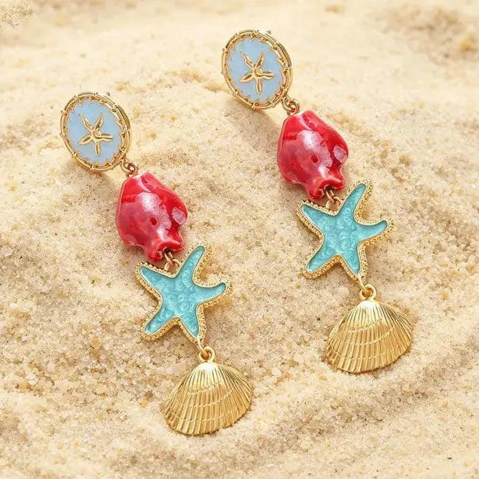 Boho Ceramic Sea Star Shell Fish Drop Earrings for Women Beach Jewelry Vacation