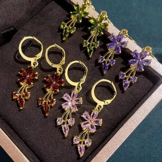 Luxury Gold Flower Drop Earrings Women Multicolor Cubic Zirconia Zinc Alloy