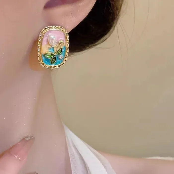Vintage Pearl Zinc Alloy Oval Stud Earrings with Rectangular Garden Design