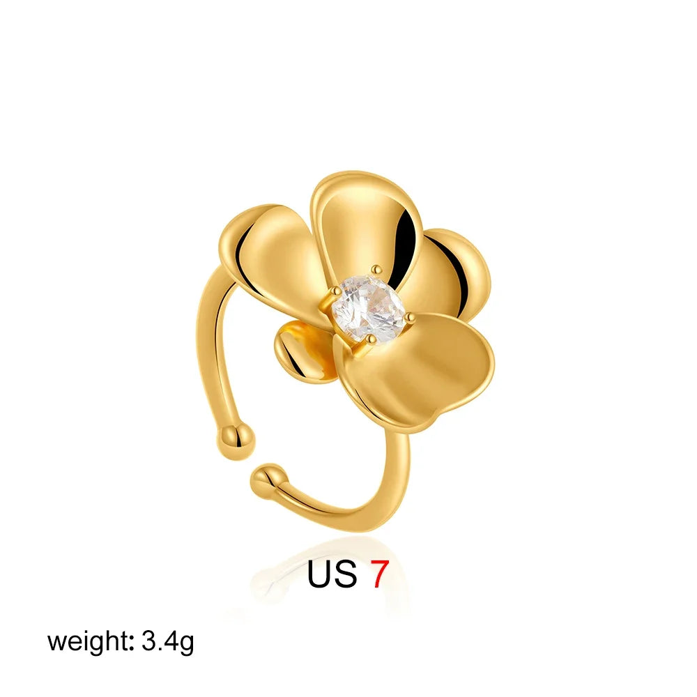 18K Gold Plated Stainless Steel Flower Zircon Petal Ring for Women Wedding Jewelry