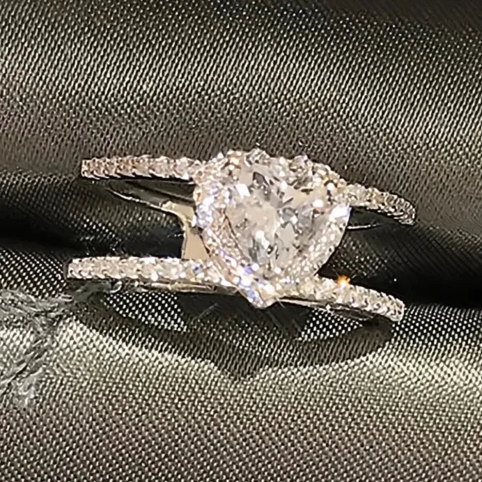 Double Layered Heart CZ Brass Ring Women Engagement Wedding Gift