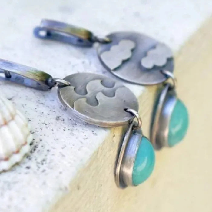 Imitation Moonstone Drop Earrings Blue Gemstone Zinc Alloy Cloud Moon Design