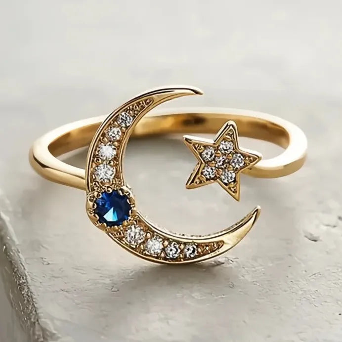 Adjustable Star and Moon Brass Ring with Cubic Zirconia for Women