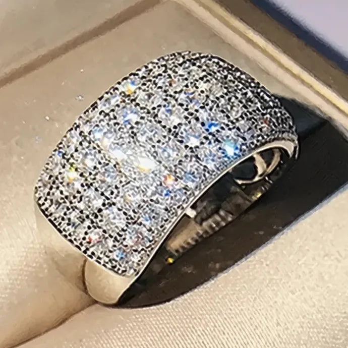 Luxury CZ Paved Women's Wide Geometric Brass Ring Wedding Party Jewelry