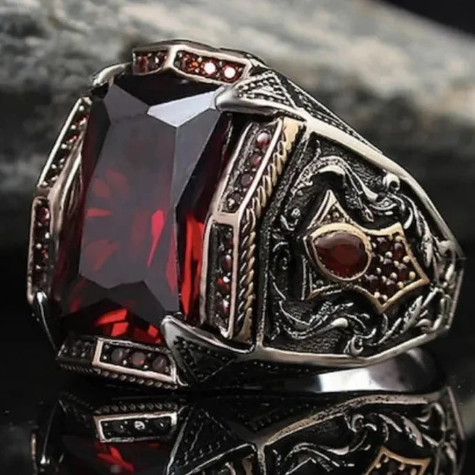 Retro Handmade Turkish Silver Signet Ring Men Green Zircon Carving Pattern