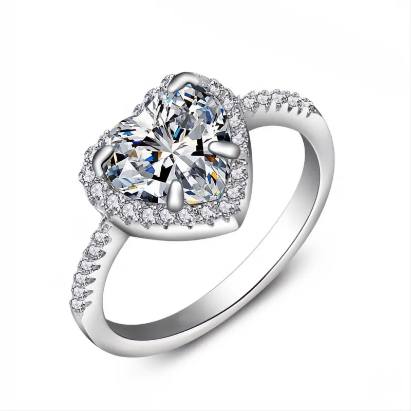 Classic Silver Heart Engagement Ring for Women Copper CZ Stone Inlay Wedding Jewelry Gift