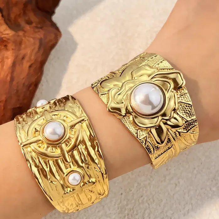 Imitation Pearl Wide Stainless Steel Open Cuff Bangle Bracelet Jewelry Party
