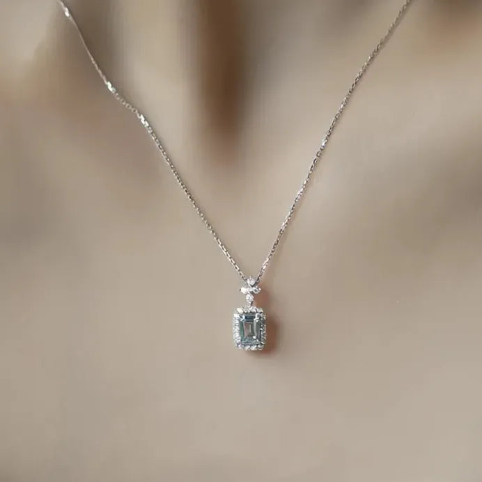 Light Blue Square Cubic Zirconia Pendant Necklace for Women Wedding