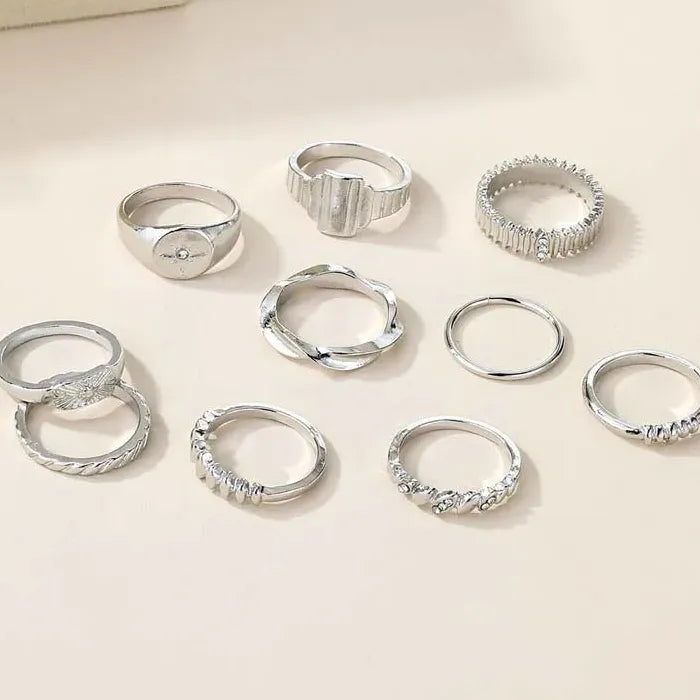 10Pcs Adjustable Gold Star Rings Set for Women Fashion Jewelry Crystal Inlay