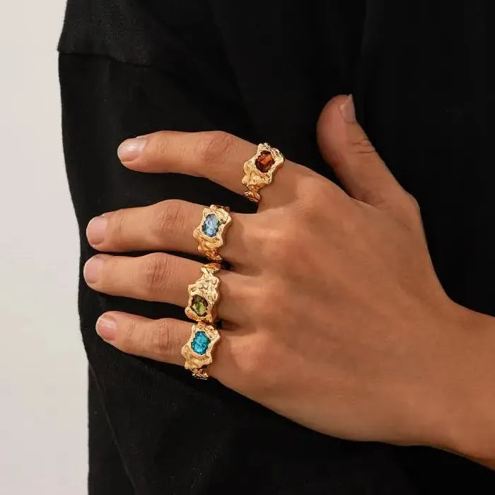 Folded Lava Metal Zircon Adjustable Rings Set Vintage Punk Jewelry Men Women