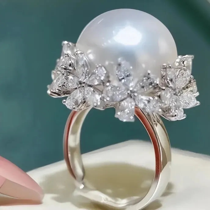 Women’s Brass Cocktail Ring with Imitation Pearl CZ Flower Geometric Design