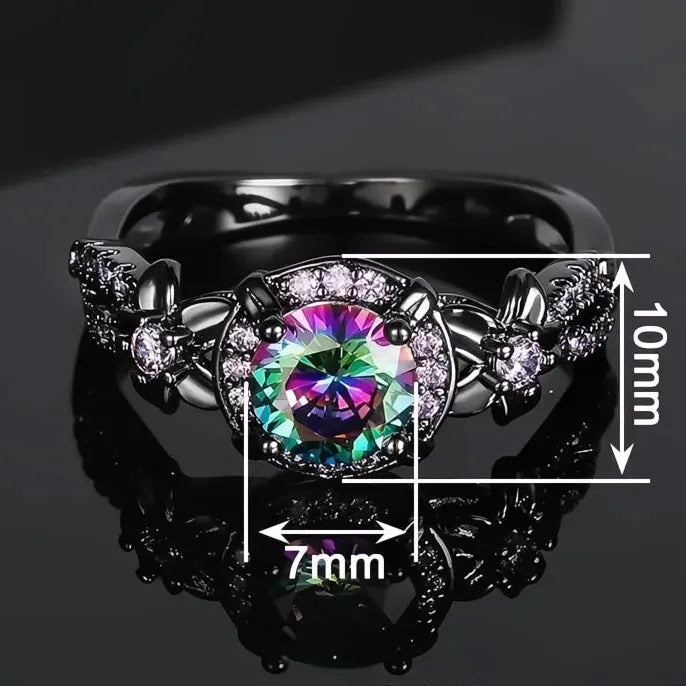 Black Brass Women’s Geometric Ring with Multicolored Cubic Zirconia Inlay