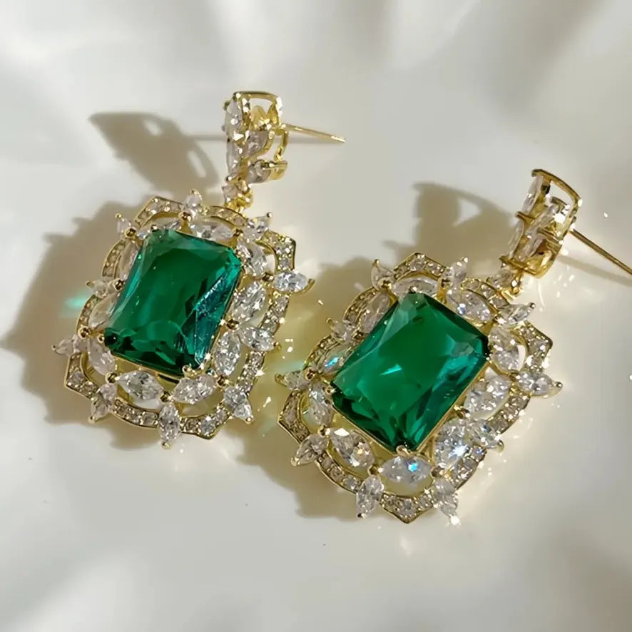 Green Cubic Zirconia Geometric Drop Earrings Luxury Wedding Jewelry for Women