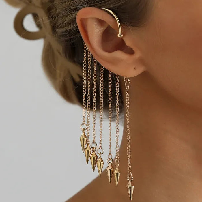 Adjustable Metal Rivet Tassel Clip-On Earrings for Women Hip-Hop Punk Jewelry