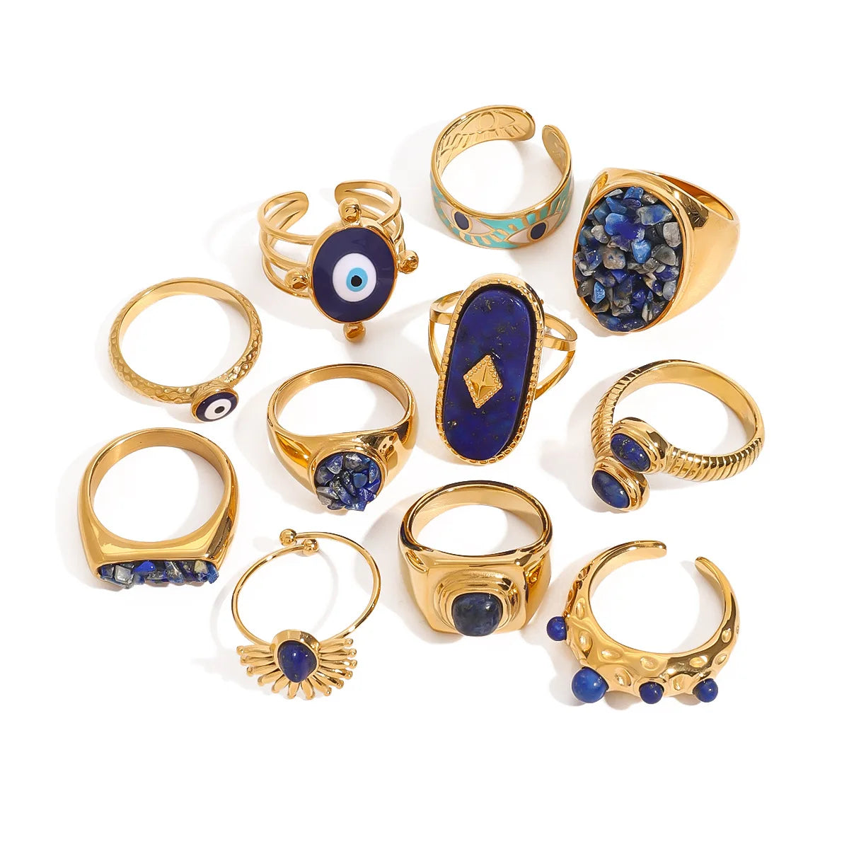 18K Gold Plated Goth Evil Eye Ring Blue Natural Stone Chunky Knuckle Jewelry