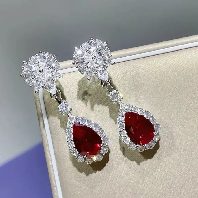 Bright Red Cubic Zirconia Flower Drop Earrings for Women Bridal Wedding Jewelry Gift Copper Alloy