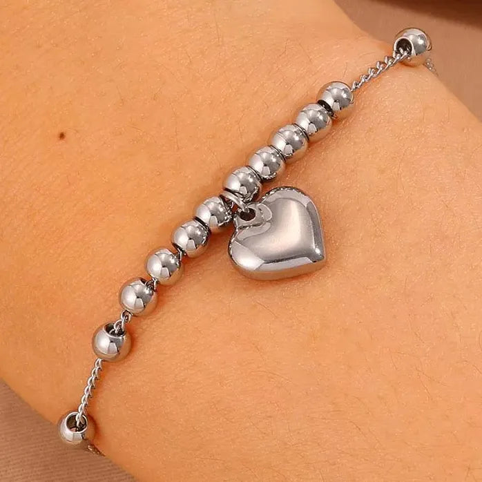 Stainless Steel Gold Heart Pendant Bracelet Women Metal Beaded Bangle Jewelry
