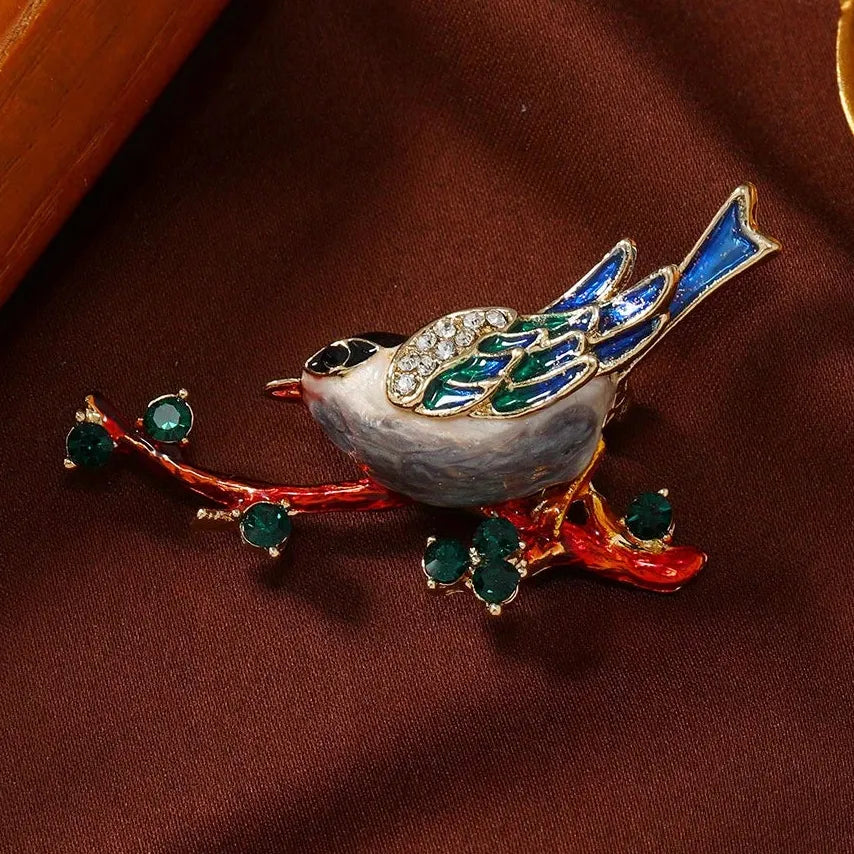 Vintage Magpie Bird Brooch Enamel Rhinestone Flower Pin for Women