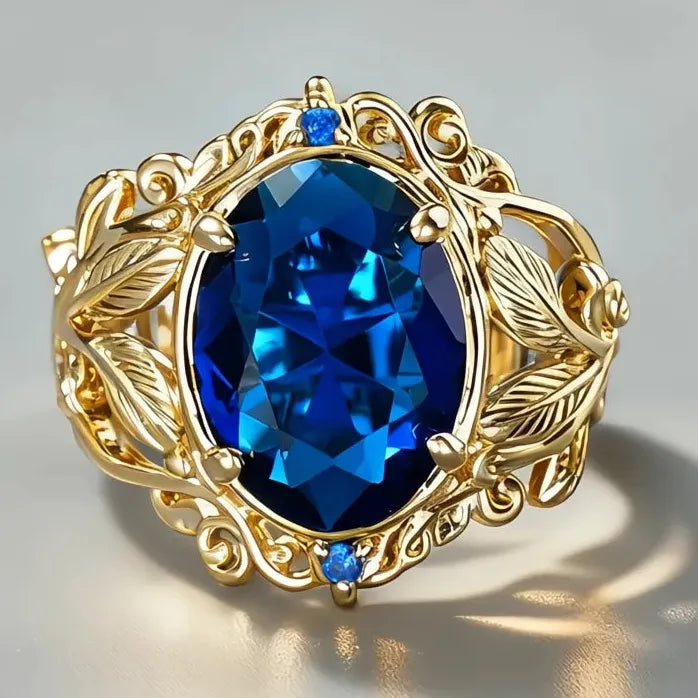 Elegant Women's Brass Ring with Blue Cubic Zirconia Leaf Design Wedding Jewelry