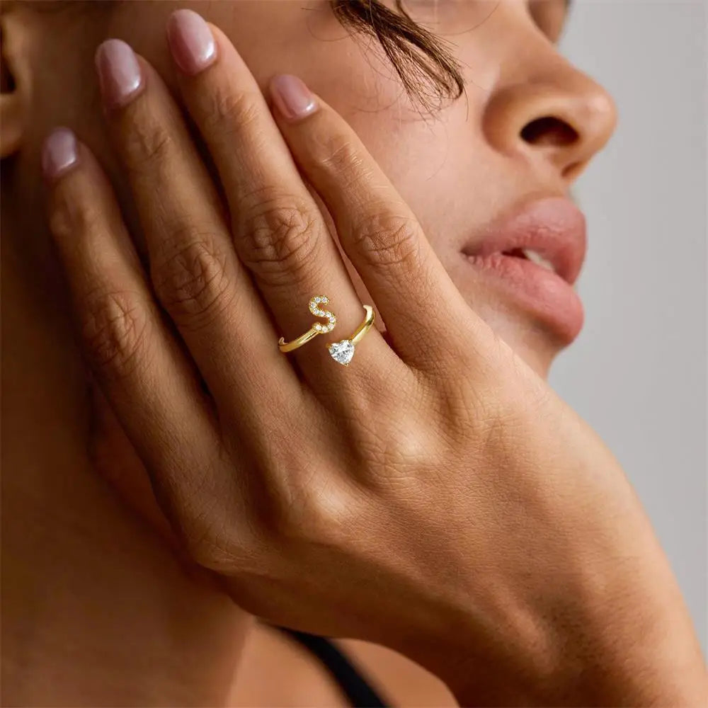Polished Gold Plated Copper A-Z Letter Initial Ring with Zircon Heart Wedding Jewelry