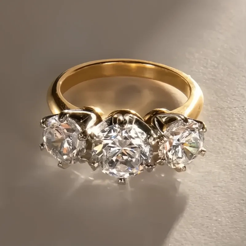 Elegant Women’s Two-Tone Metal Ring with Sparkling Cubic Zirconia for Wedding Party Jewelry