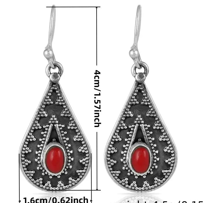 Bohemian Red Synthetic Stone Drop Earrings Women’s Retro Carved Geometric Jewelry