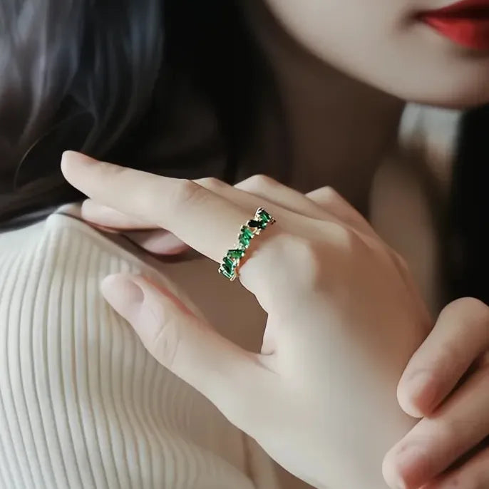 Geometric Green Cubic Zirconia Brass Wedding Band Ring for Women Bridal Jewelry