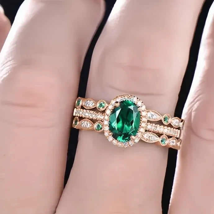 Luxury 3-Piece Green Cubic Zirconia Brass Wedding Ring Set Bridal Jewelry