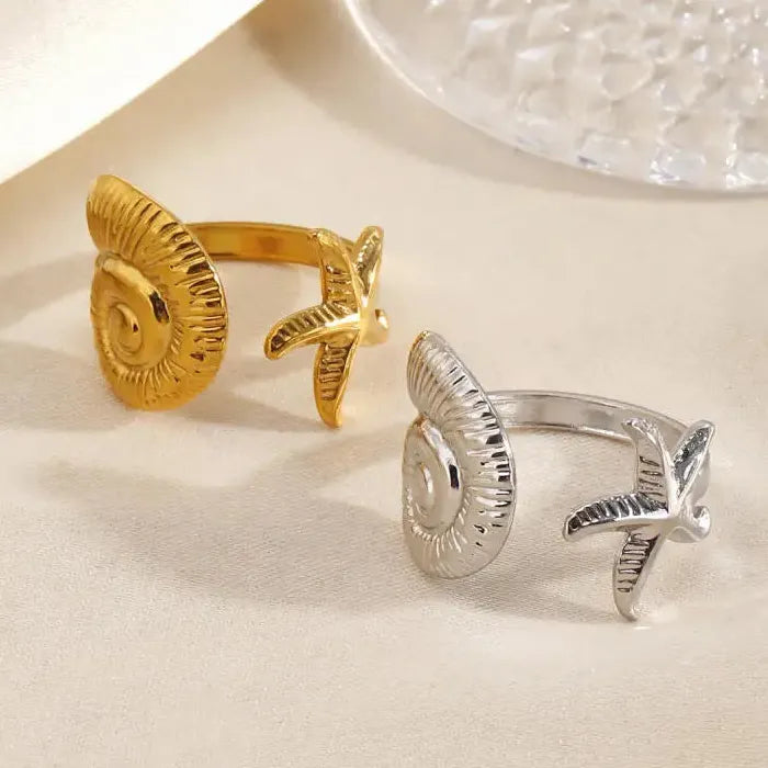 Boho Stainless Steel Sea Star Conch Open Ring Adjustable Men Women Beach Jewelry