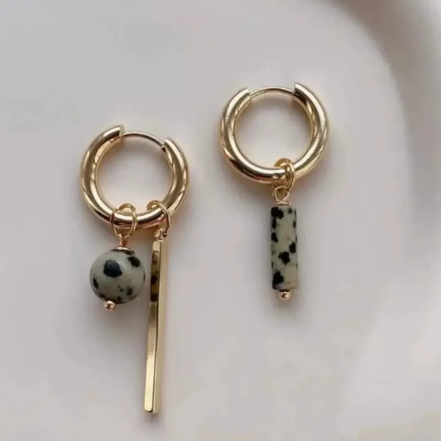 Retro Geometric Asymmetric Hoop Earrings Stone Beading Gift Jewelry