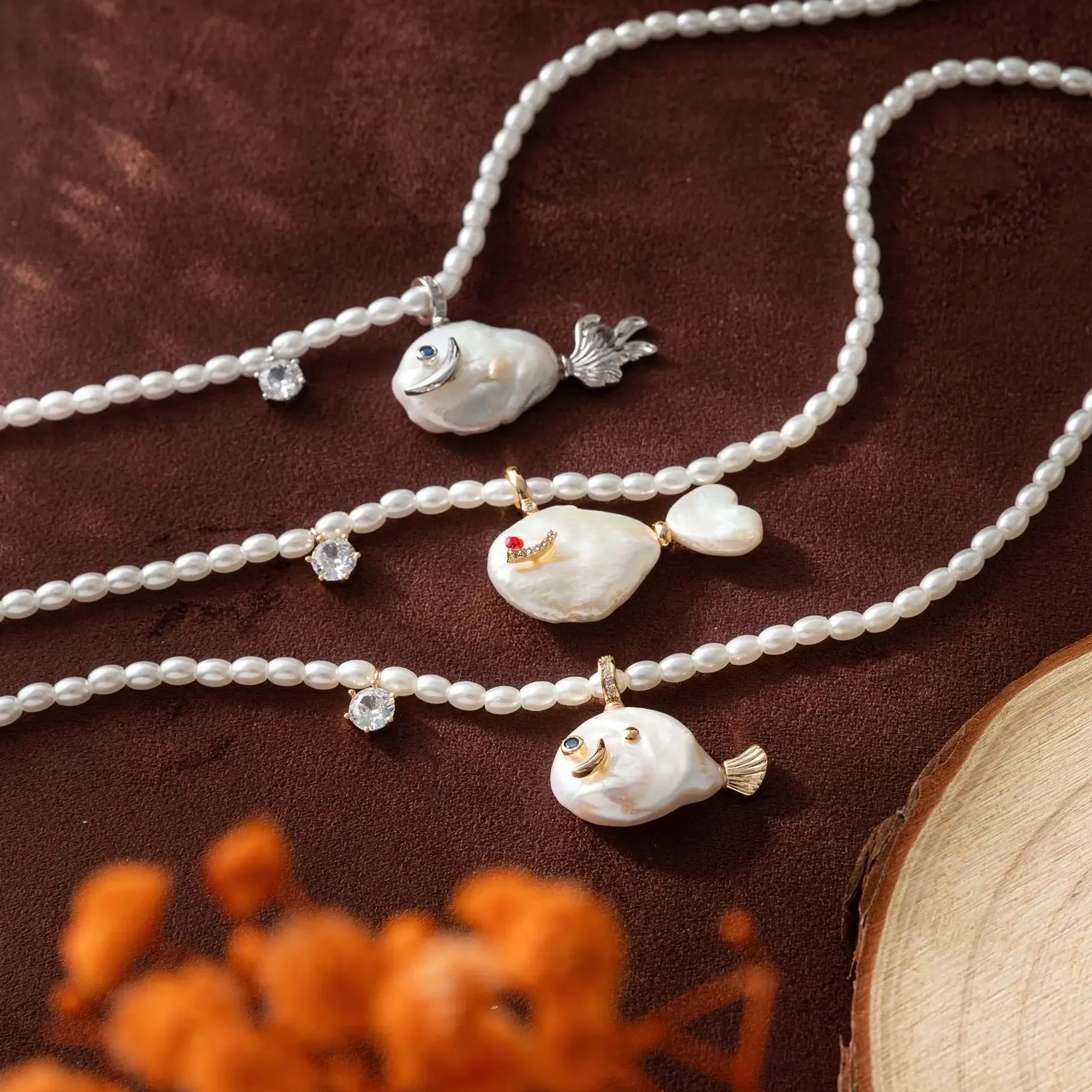 Geometric Irregular Freshwater Pearl Necklace Pink Fish Crab Pendant Choker Jewelry