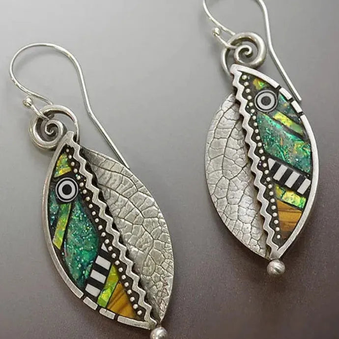 Bohemian Green Leaf Drop Earrings for Women Vintage Silver Zinc Alloy