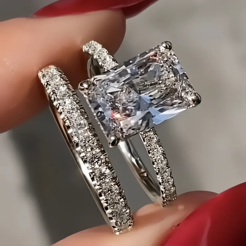 Rectangular Cubic Zirconia Bridal Wedding Rings Set for Women Luxury Trendy Engagement Band Jewelry