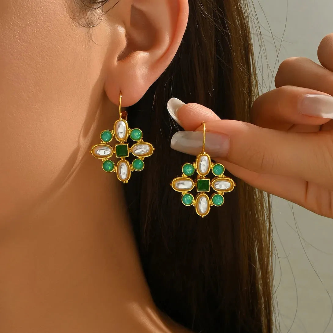 Ethnic Style Imitation Turquoise Drop Earrings Vintage Gold Color Jewelry Gift