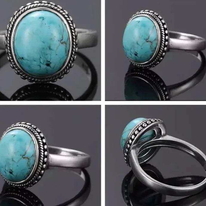 Vintage Silver Inlaid Synthetic Turquoise Oval Flower Ring Unisex Jewelry
