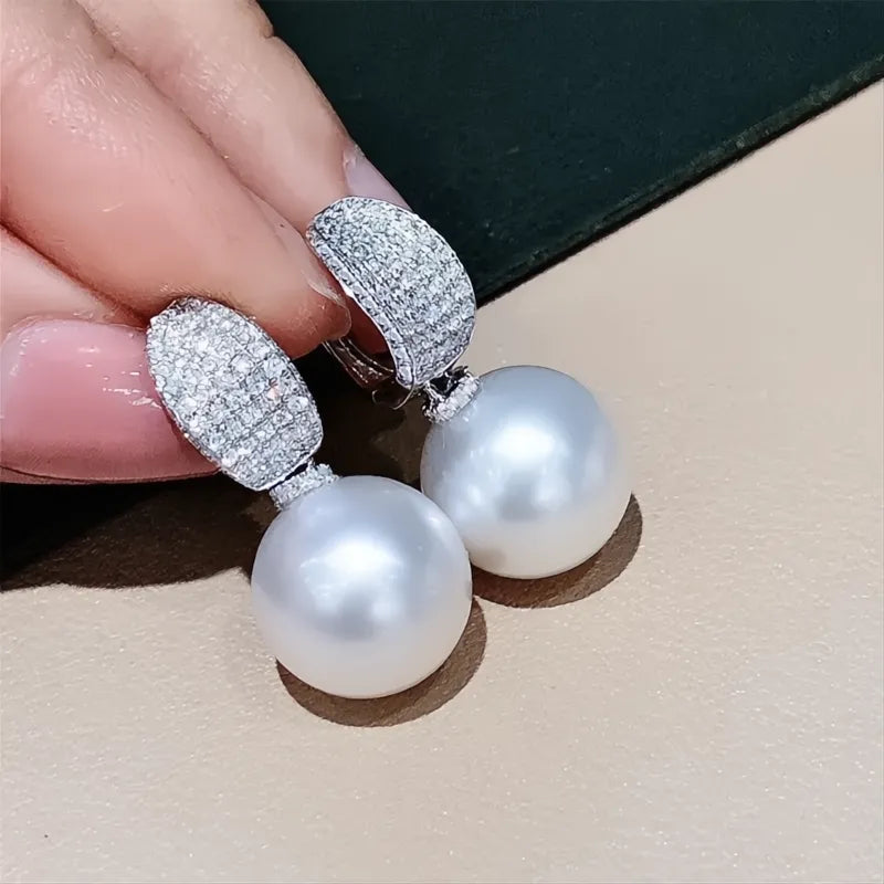 Luxury CZ Imitation Pearl Drop Earrings for Women Silver Tone Elegant Wedding Jewelry