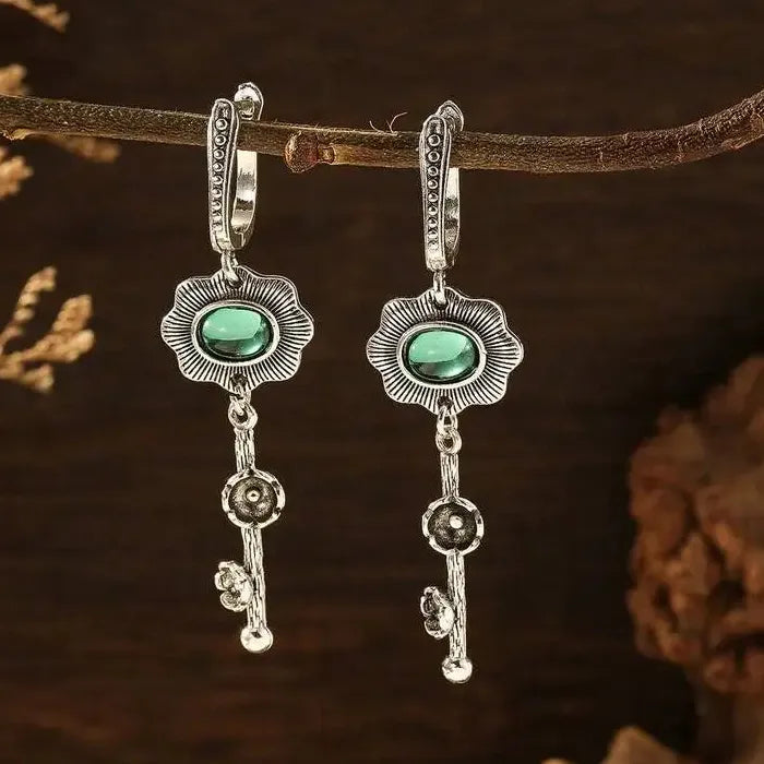 Vintage Zinc Alloy Craftsman Carved Flower Earrings with Green Gemstone Pendant for Women