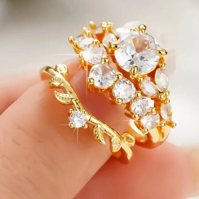 Women Wedding Ring Set 2Pcs Leaf Design Luxury Cubic Zirconia Jewelry