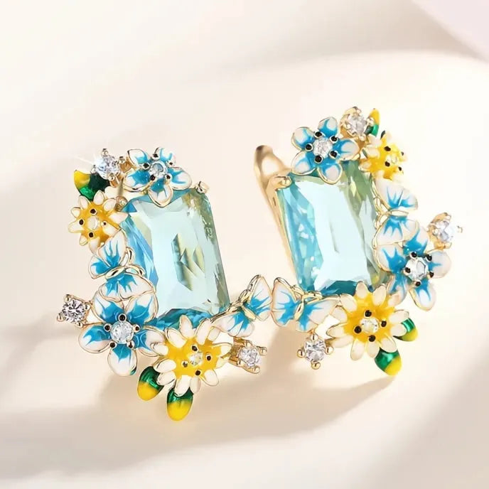 Blue Yellow Flower Enamel Drop Earrings with Sky Blue CZ Cubic Zirconia Brass Jewelry for Women Wedding Party