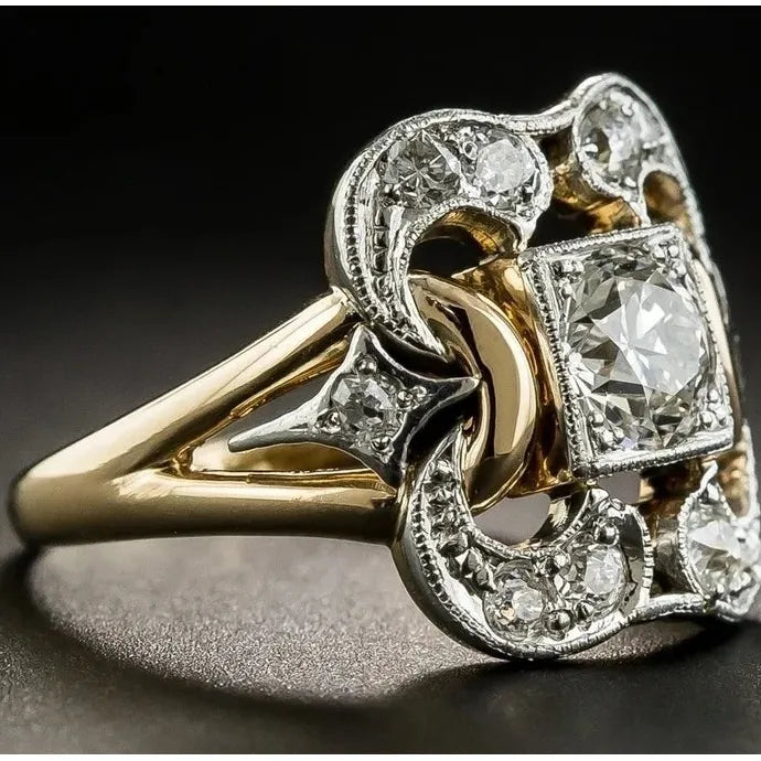 Vintage Copper Zircon Carved Two-Tone Ring Women’s Wedding Festival Jewelry Gift